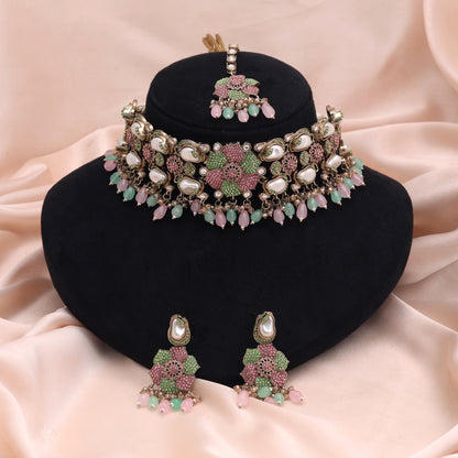 Pastel Light Green Light Pink Color Turkish Kundan Necklace Set For Spring Functions