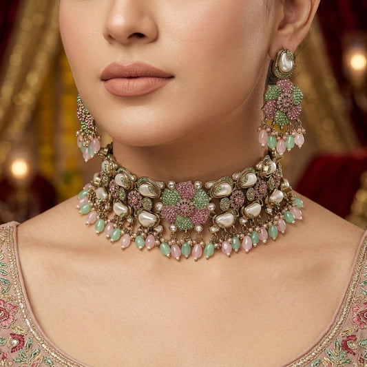 Pastel Light Green Light Pink Color Turkish Kundan Necklace Set For Spring Functions