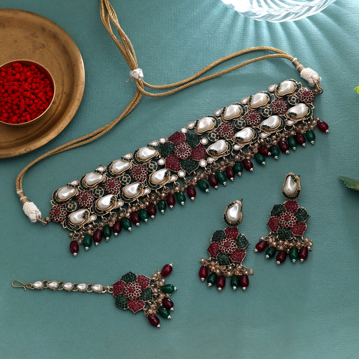 Traditional Maroon Green Color Turkish Kundan Necklace Set For Ethnic Celebration Wear