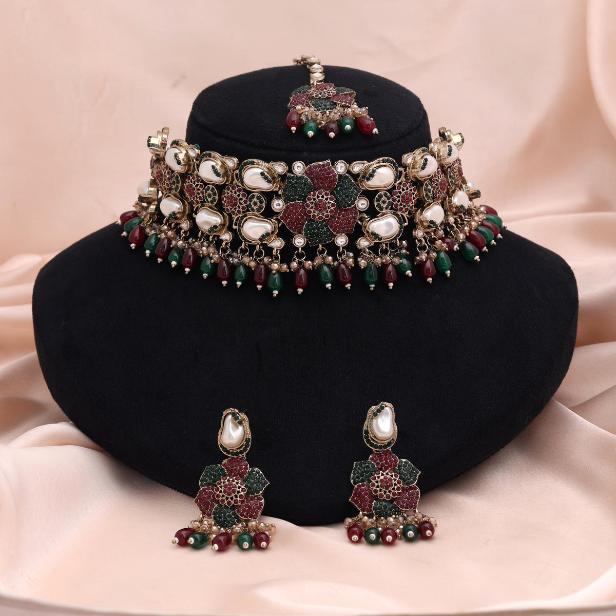 Traditional Maroon Green Color Turkish Kundan Necklace Set For Ethnic Celebration Wear