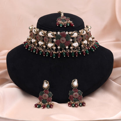 Traditional Maroon Green Color Turkish Kundan Necklace Set For Ethnic Celebration Wear