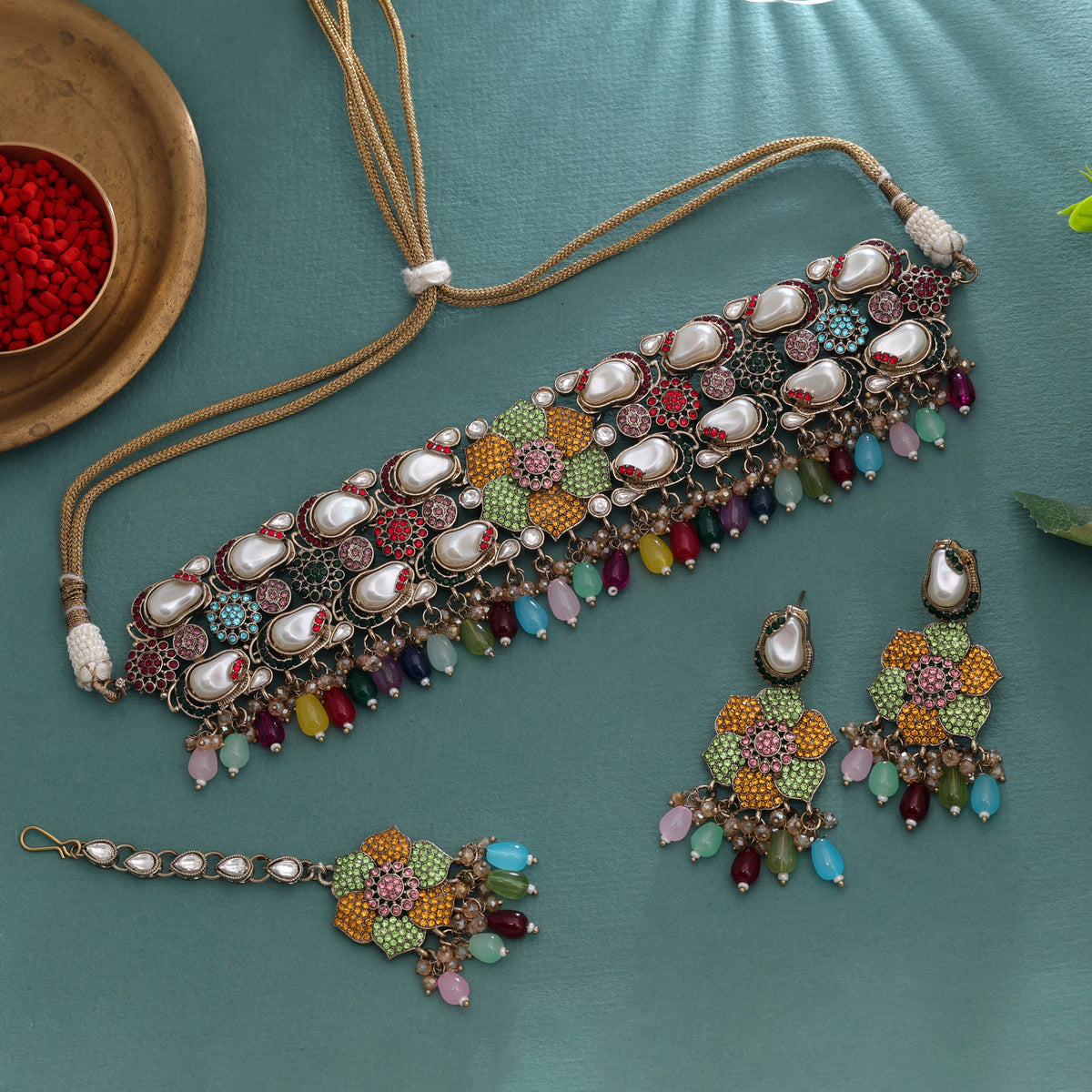 Radiant Multi Color Turkish Kundan Necklace Set For Rainbow Festive Ethnic Looks