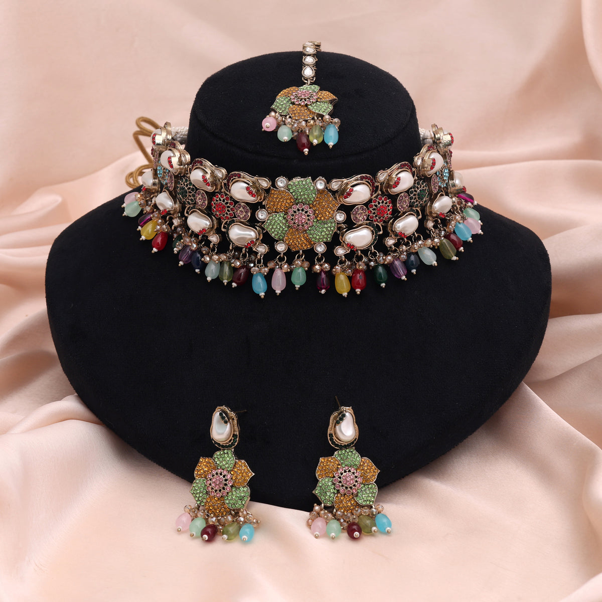 Radiant Multi Color Turkish Kundan Necklace Set For Rainbow Festive Ethnic Looks