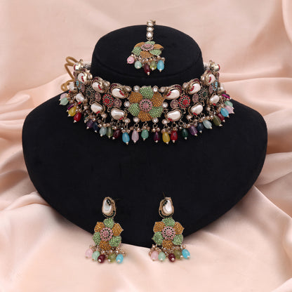 Radiant Multi Color Turkish Kundan Necklace Set For Rainbow Festive Ethnic Looks