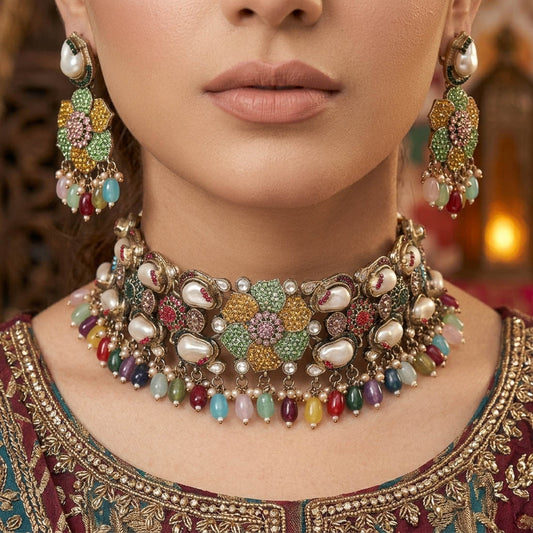 Radiant Multi Color Turkish Kundan Necklace Set For Rainbow Festive Ethnic Looks