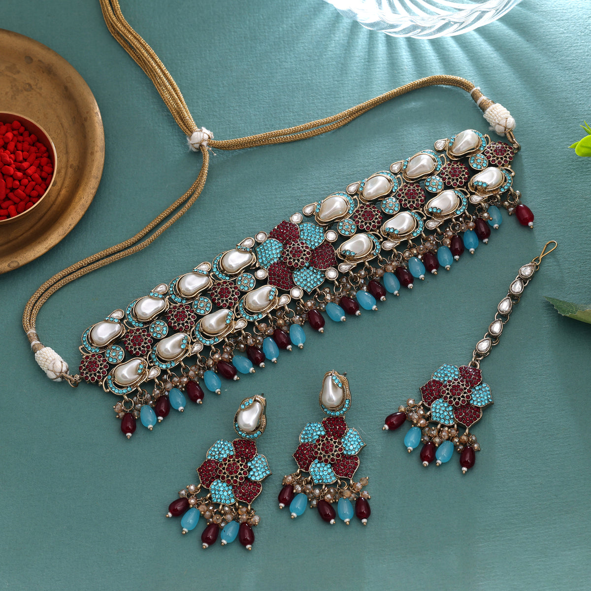 Exquisite Rama Green Maroon Color Turkish Kundan Necklace Set For Grand Receptions