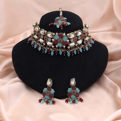 Exquisite Rama Green Maroon Color Turkish Kundan Necklace Set For Grand Receptions