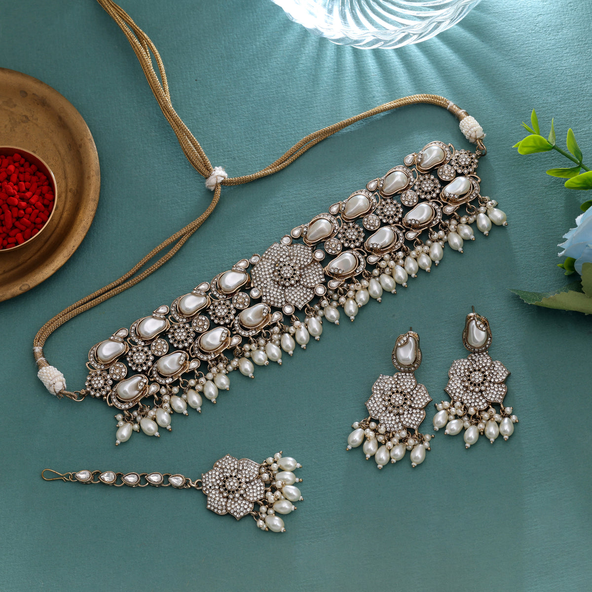 Classic Pure White Color Turkish Kundan Necklace Set For Elegant Bridal Weddings
