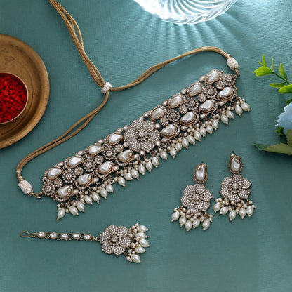 Classic Pure White Color Turkish Kundan Necklace Set For Elegant Bridal Weddings