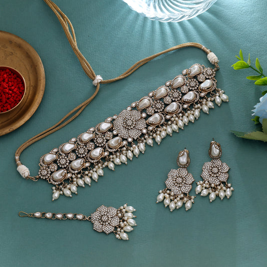 Classic Pure White Color Turkish Kundan Necklace Set For Elegant Bridal Weddings