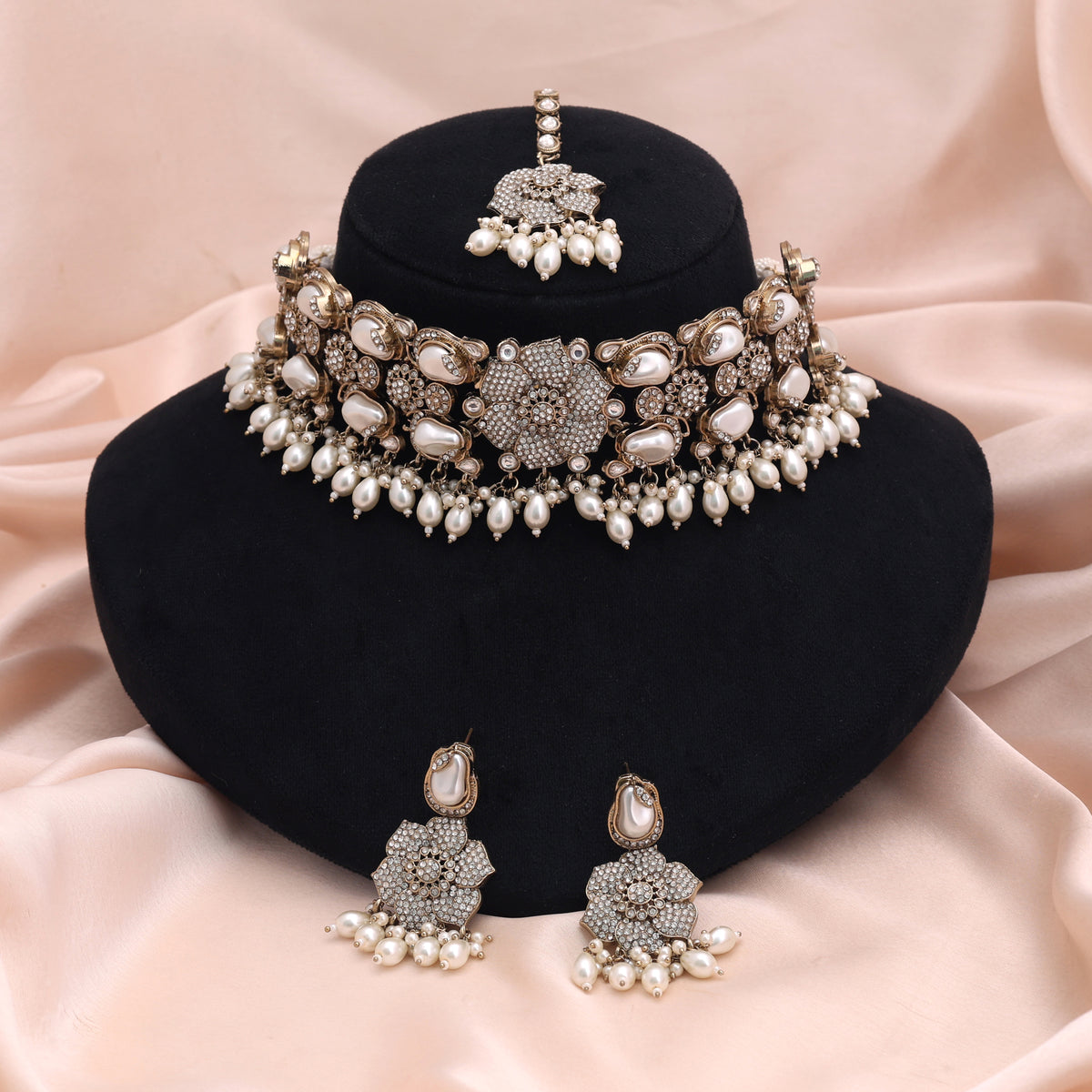 Classic Pure White Color Turkish Kundan Necklace Set For Elegant Bridal Weddings