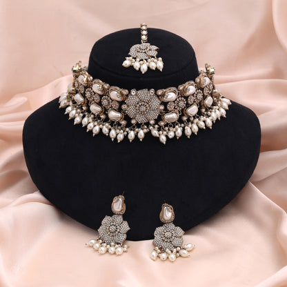 Classic Pure White Color Turkish Kundan Necklace Set For Elegant Bridal Weddings