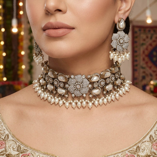 Classic Pure White Color Turkish Kundan Necklace Set For Elegant Bridal Weddings
