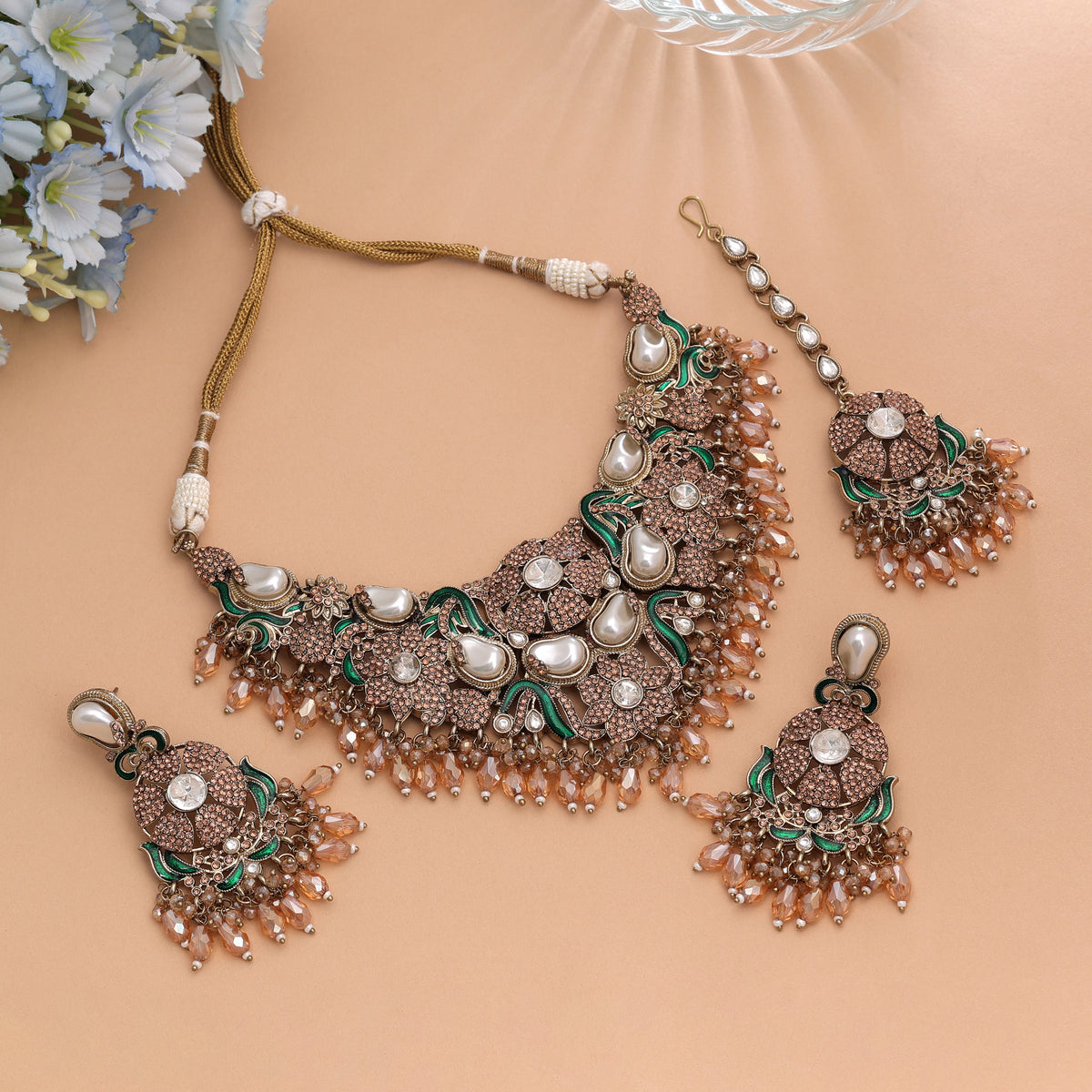 Opulent Metallic Gold Color Turkish Kundan Necklace Set For Festive Evening Parties