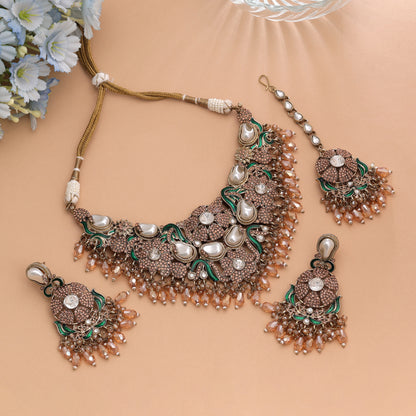 Opulent Metallic Gold Color Turkish Kundan Necklace Set For Festive Evening Parties