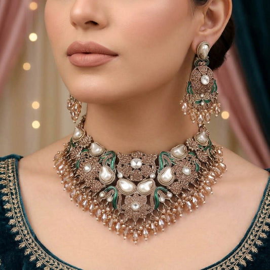 Opulent Metallic Gold Color Turkish Kundan Necklace Set For Festive Evening Parties