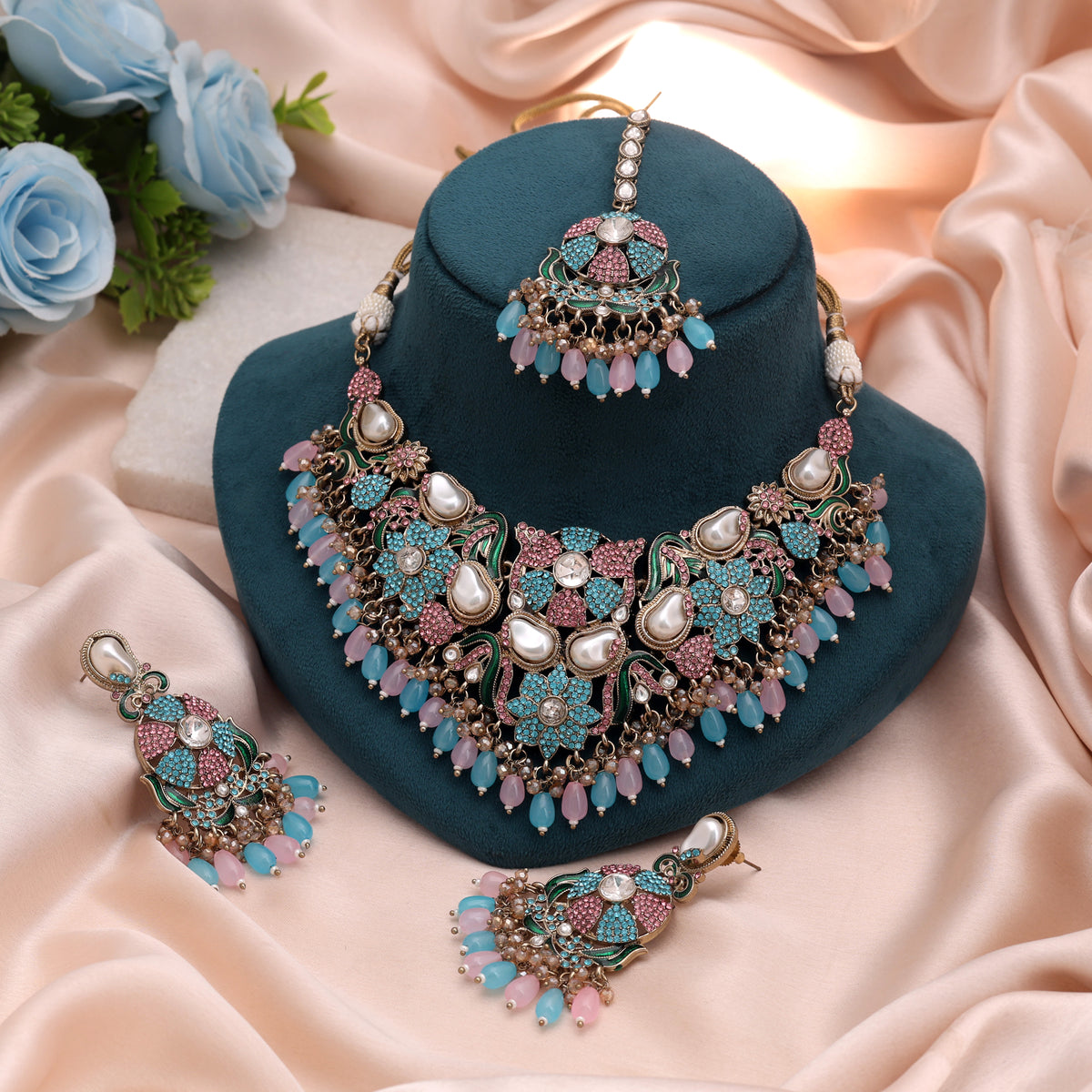 Lovely Pastel Light Pink Rama Green Color Turkish Kundan Necklace Set For Events