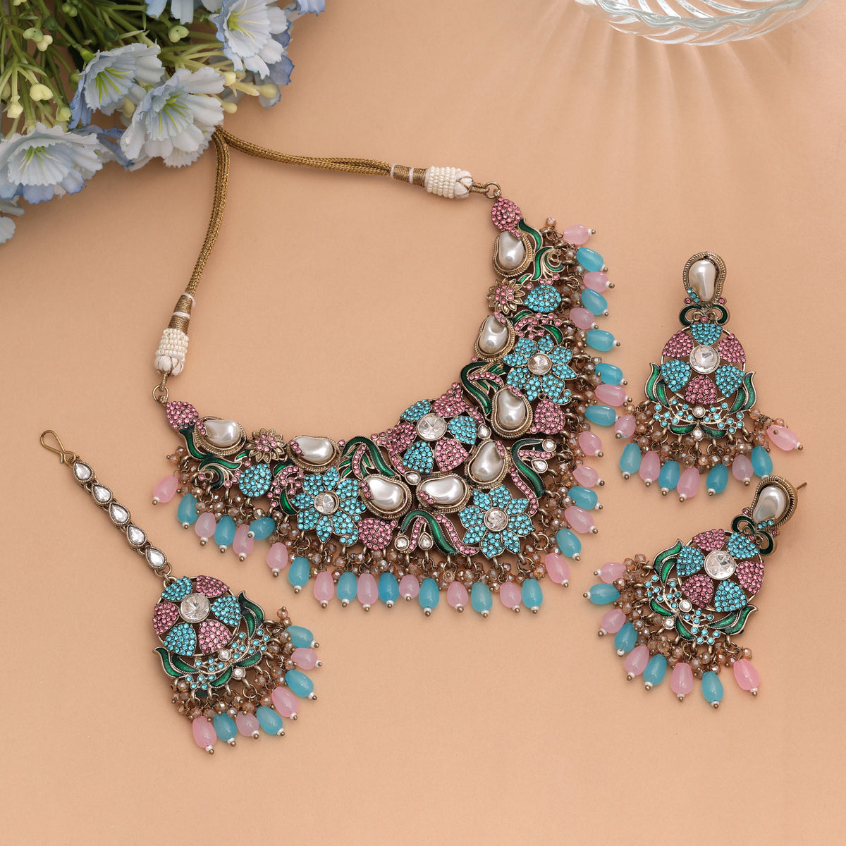 Lovely Pastel Light Pink Rama Green Color Turkish Kundan Necklace Set For Events