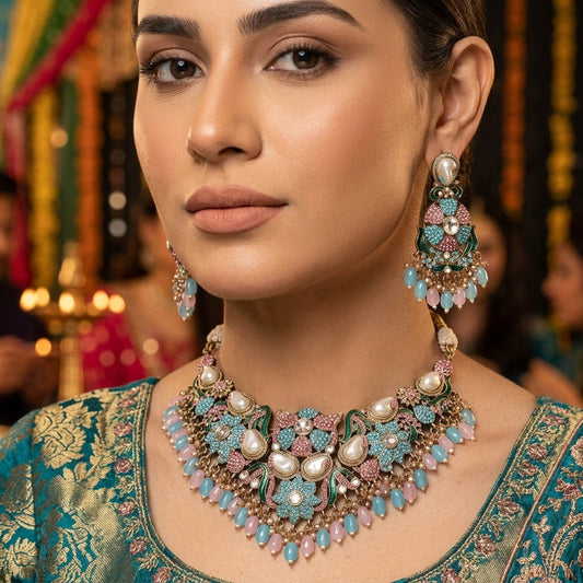 Lovely Pastel Light Pink Rama Green Color Turkish Kundan Necklace Set For Events
