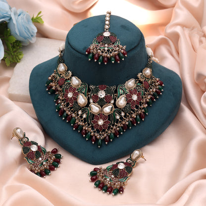 Grand Velvet Maroon Green Color Turkish Kundan Necklace Set For Wedding Ceremonies