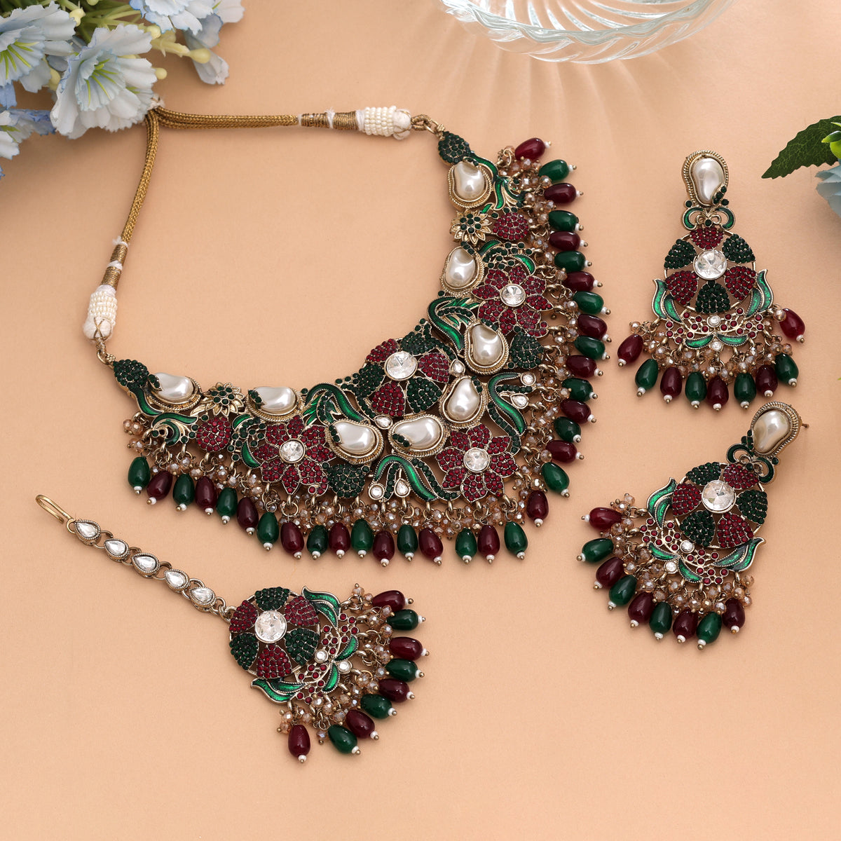 Grand Velvet Maroon Green Color Turkish Kundan Necklace Set For Wedding Ceremonies