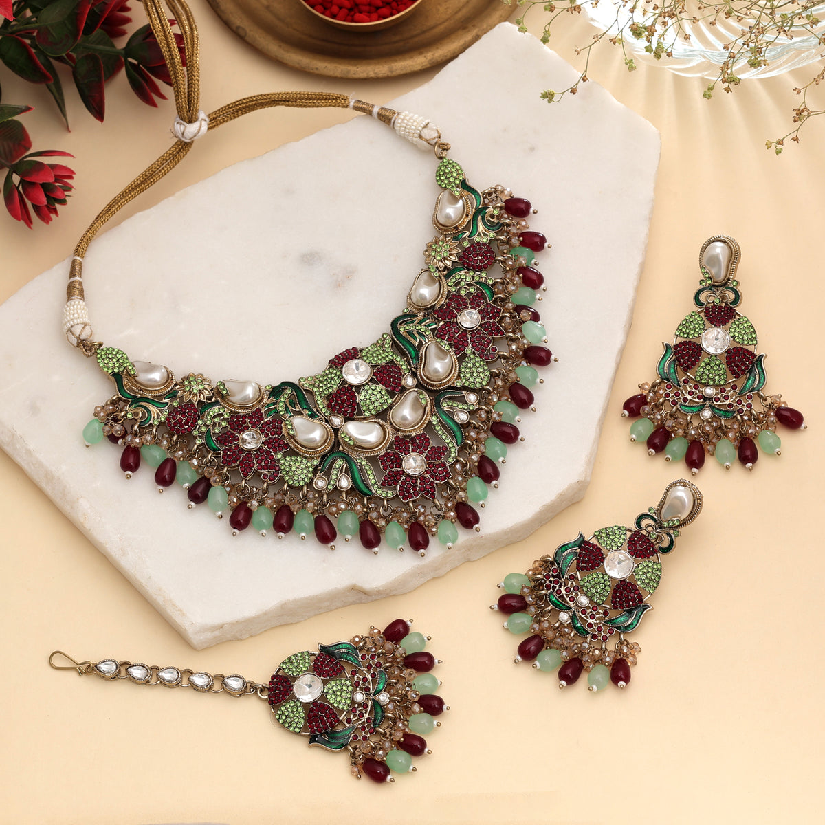 Lush Deep Maroon Light Green Color Turkish Kundan Necklace Set For Festive Wear