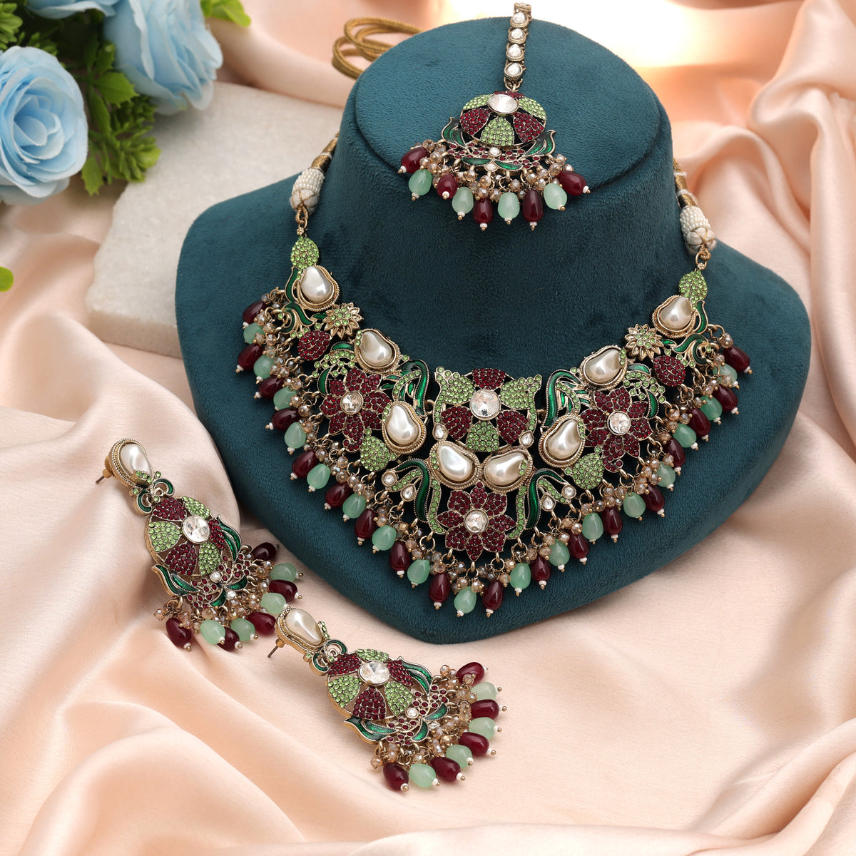 Lush Deep Maroon Light Green Color Turkish Kundan Necklace Set For Festive Wear