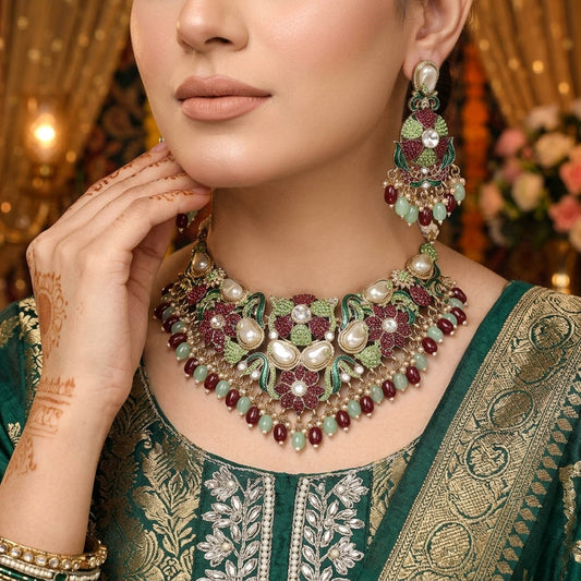 Lush Deep Maroon Light Green Color Turkish Kundan Necklace Set For Festive Wear