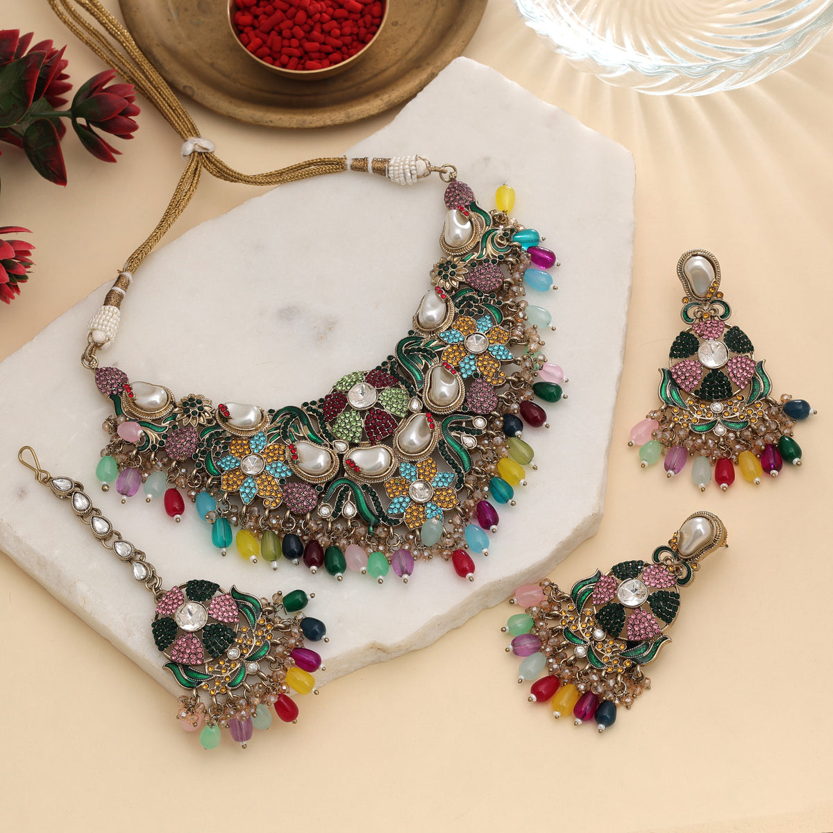 Handcrafted Boho Multi Color Turkish Kundan Necklace Set For Unique Festive Style