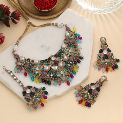 Handcrafted Boho Multi Color Turkish Kundan Necklace Set For Unique Festive Style