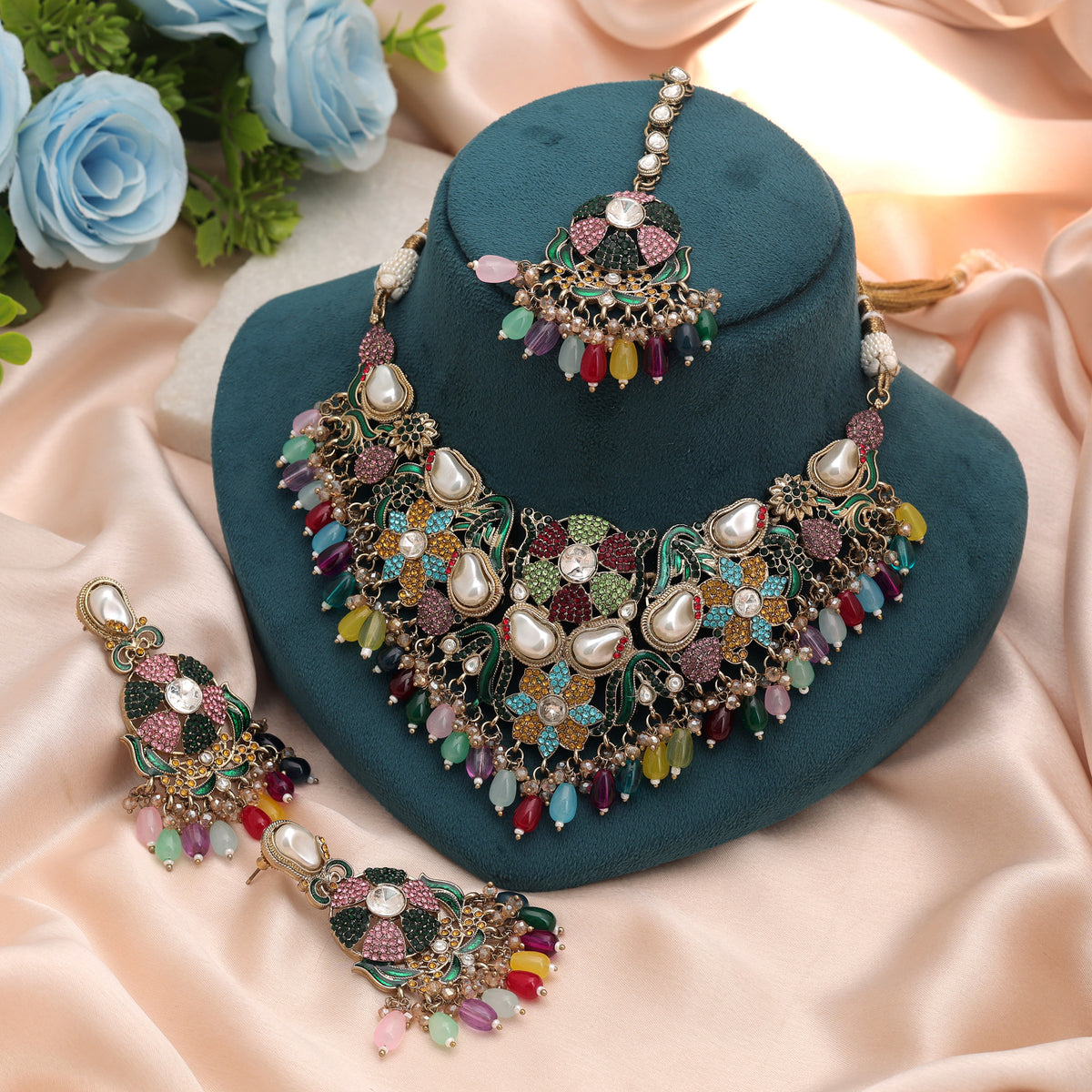 Handcrafted Boho Multi Color Turkish Kundan Necklace Set For Unique Festive Style