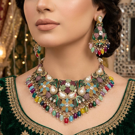 Handcrafted Boho Multi Color Turkish Kundan Necklace Set For Unique Festive Style