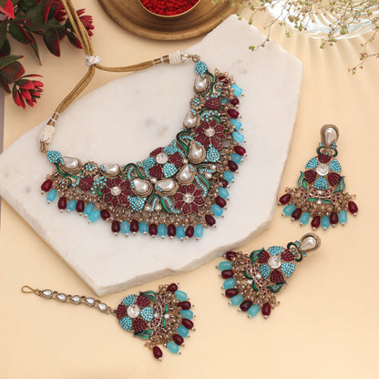 Ornate Indian Maroon Rama Green Color Turkish Kundan Necklace Set For Celebrations