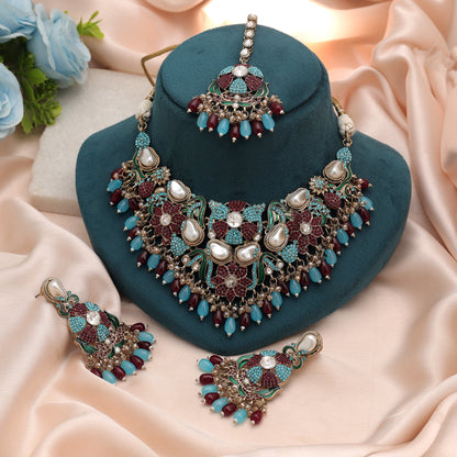 Ornate Indian Maroon Rama Green Color Turkish Kundan Necklace Set For Celebrations