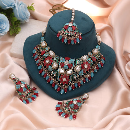 Stunning Royal Rama Green Red Color Turkish Kundan Necklace Set For Bride