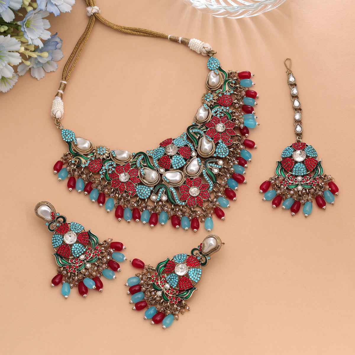 Stunning Royal Rama Green Red Color Turkish Kundan Necklace Set For Bride