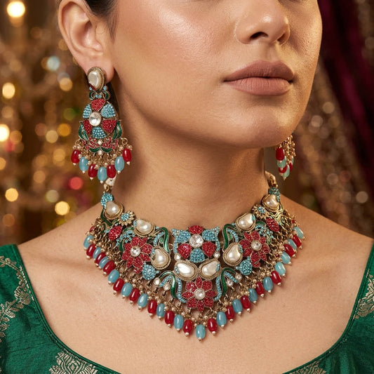 Stunning Royal Rama Green Red Color Turkish Kundan Necklace Set For Bride