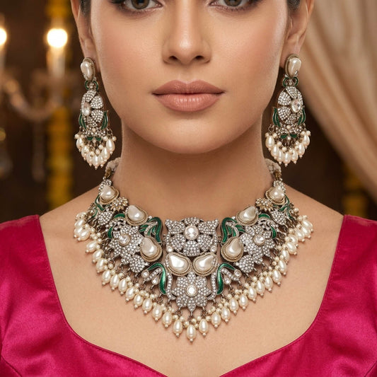 Pristine Crystal White Color Turkish Kundan Necklace Set For Sophisticated Functions