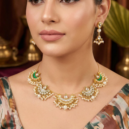White & Green Color Kundan Necklace Set (FNKN263WGRN)