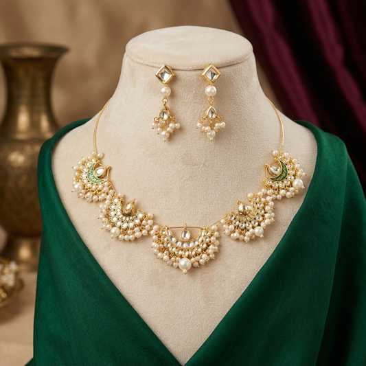 White & Green Color Kundan Necklace Set (FNKN263WGRN)