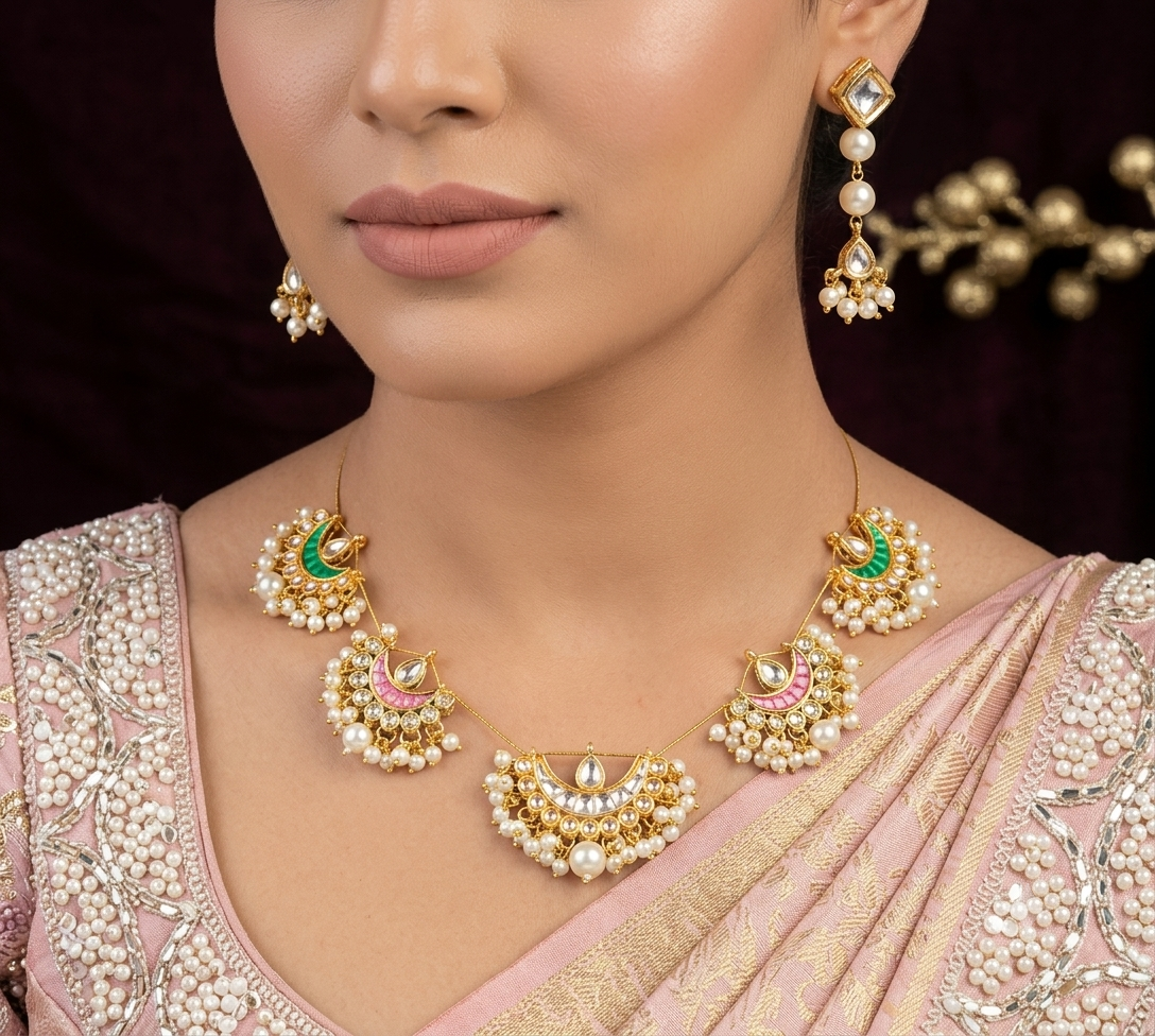 Vibrant Floral Pink & Green Color Kundan Necklace Set For Grand Wedding Celebrations