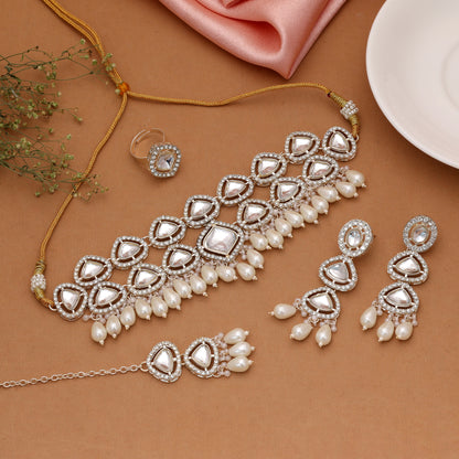 Elegant Pure White Color Kundan Necklace Set Featuring Detailed Traditional Craftsmanship For Weddings