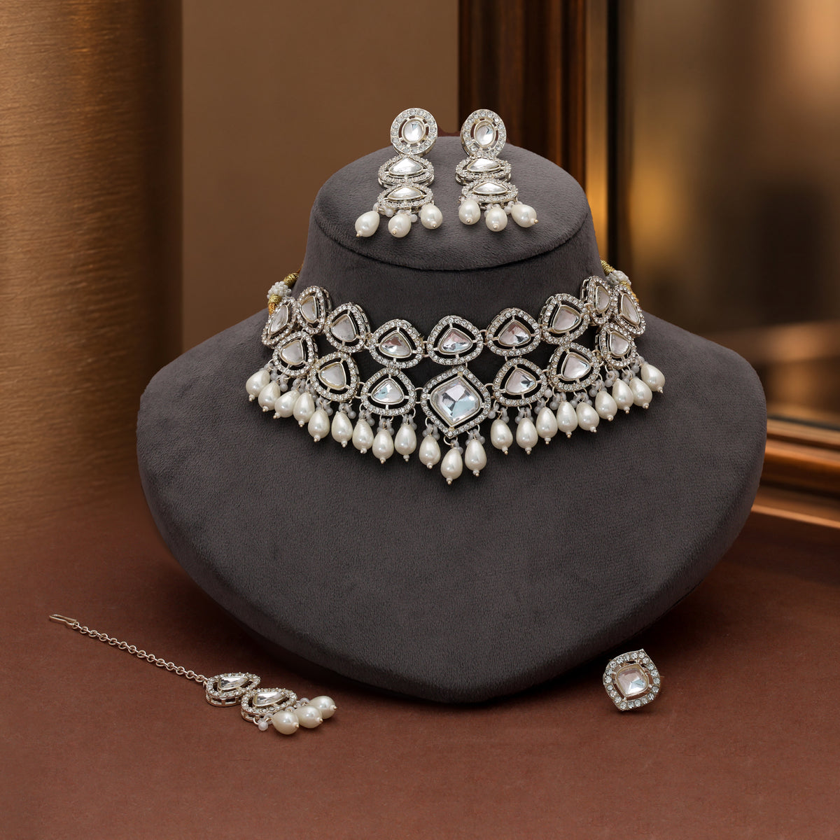 Elegant Pure White Color Kundan Necklace Set Featuring Detailed Traditional Craftsmanship For Weddings
