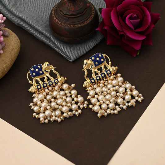 Attractive Blue Color Elephant Design Meenakari Earrings Crafted With Premium Artistic Finish