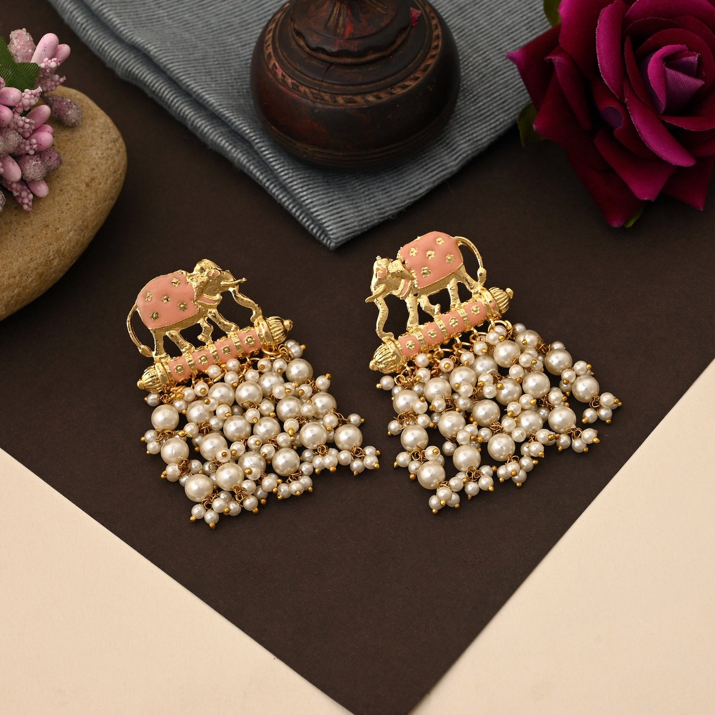 Gorgeous Peach Color Elephant Design Meenakari Earrings With Exquisite Indian Handmade Craftsmanship