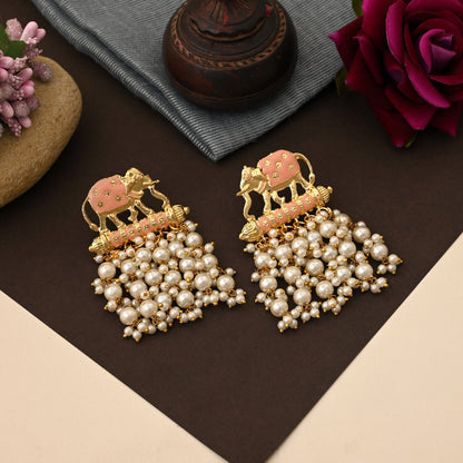 Gorgeous Peach Color Elephant Design Meenakari Earrings With Exquisite Indian Handmade Craftsmanship