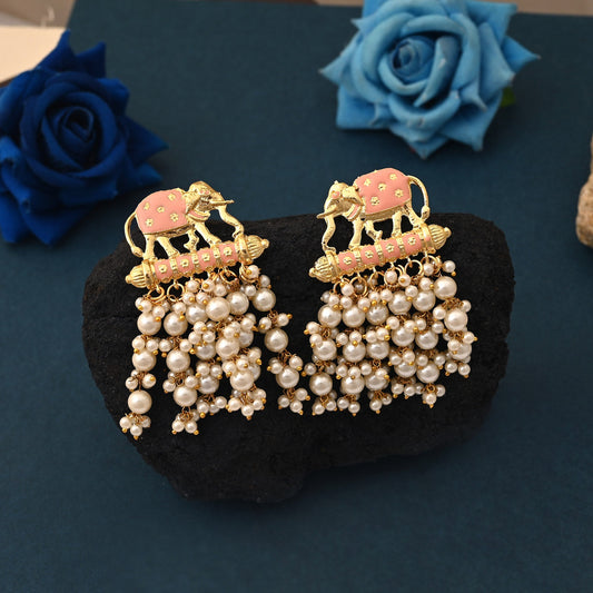 Gorgeous Peach Color Elephant Design Meenakari Earrings With Exquisite Indian Handmade Craftsmanship