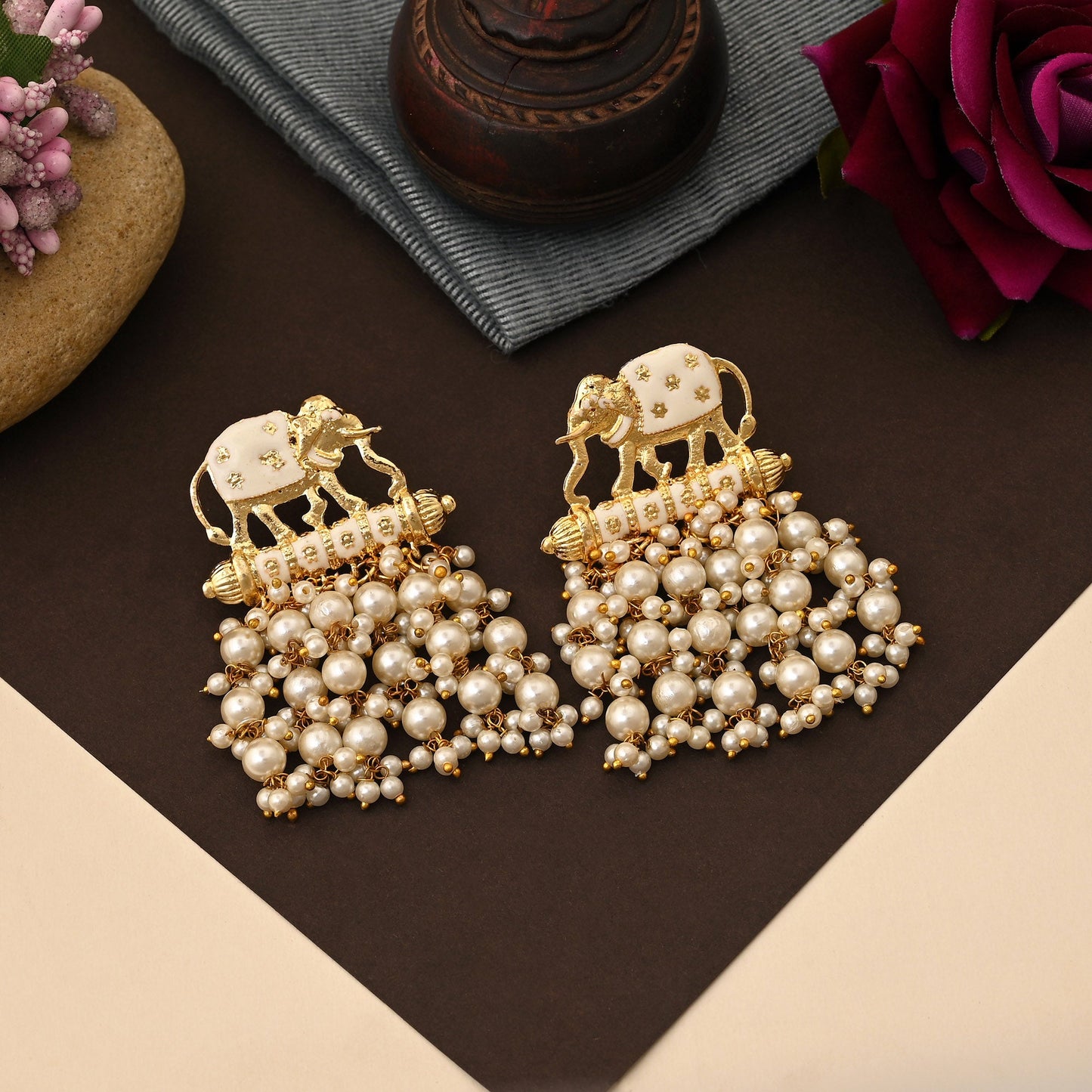 Elegant White Color Elephant Design Meenakari Earrings With Traditional Handcrafted Detailing