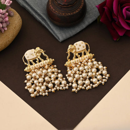 Elegant White Color Elephant Design Meenakari Earrings With Traditional Handcrafted Detailing