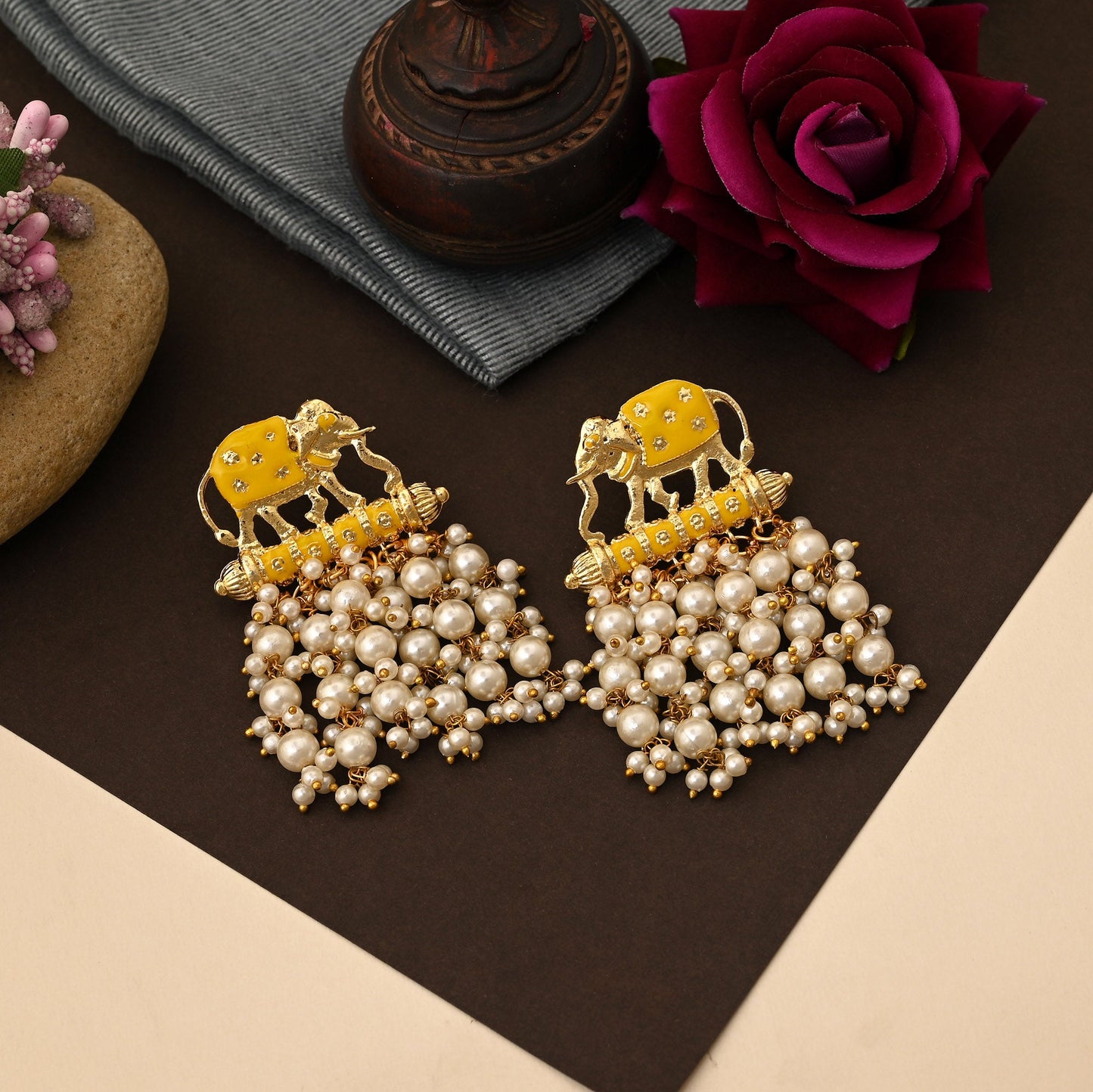 Stunning Yellow Color Elephant Design Meenakari Earrings For Festive And Wedding Occasions
